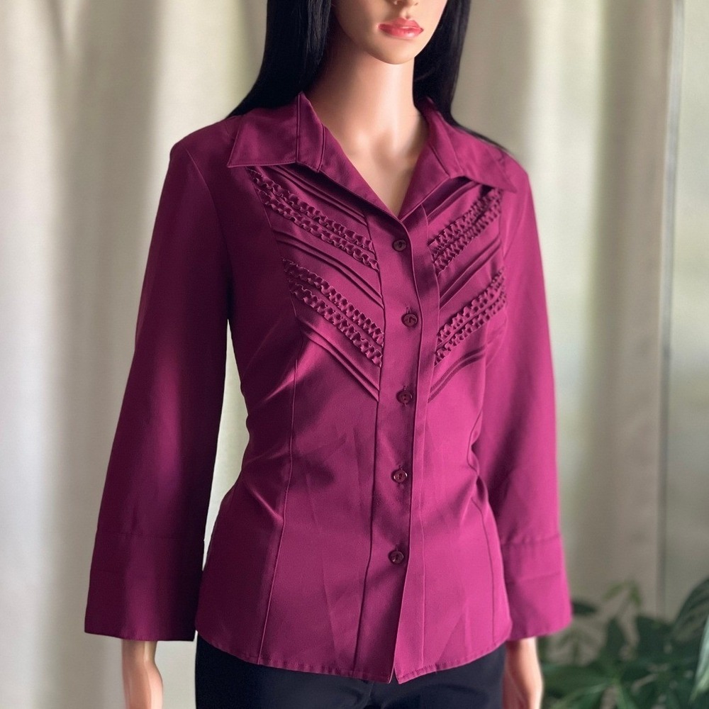 Dark Magenta Button Down Blouse Pleated Ruffle Officecore Dark Academia Modest M